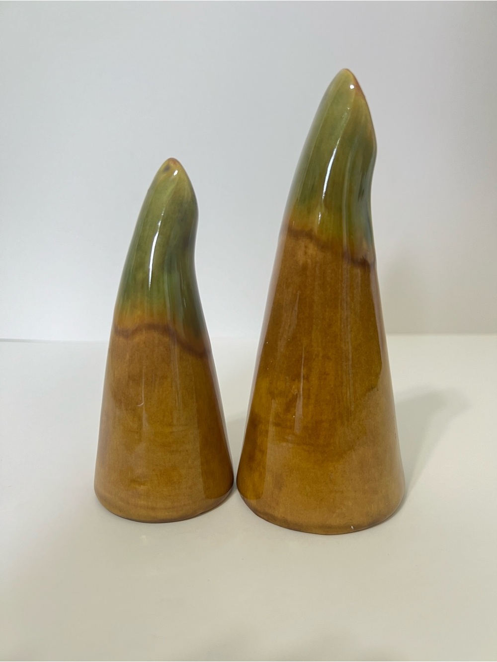 Vintage Mid Century Drip Glaze Ceramic Salt & Pepper Shakers Olive Green Mustard
